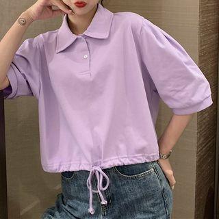 Elbow-sleeve Drawstring Polo Shirt