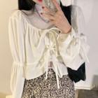 Long-sleeve Mock-neck Mesh Top / Tied Blouse