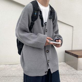 Plain V-neck Single-breasted Cardigan