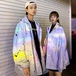 Couple Matching Geometric Print Hooded Zip Jacket