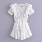Short-sleeve Ruffled Lace Trim Dotted A-line Dress