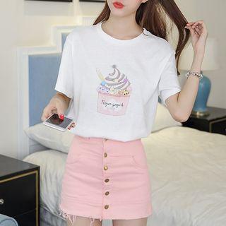Set: Printed Short Sleeve T-shirt + Buttoned A-line Skort