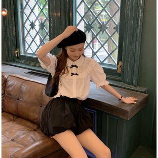 Short-sleeve Ruffled Bow-accent Shirt White - One Size
