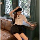 Short-sleeve Ruffled Bow-accent Shirt White - One Size