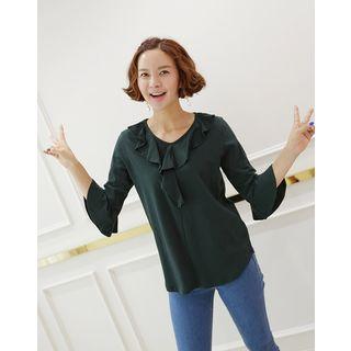 3/4-sleeve Ruffle-trim T-shirt