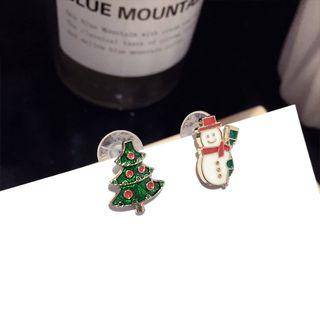 Non-matching Stainless Steel Christmas Tree & Snowman Earring 1 Pair - Steel Needle - Gold - One Size