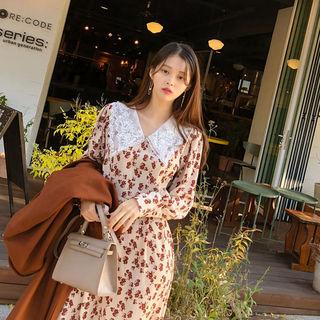 Lace-collar Floral Print A-line Long Dress