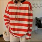 Long-sleeve Round Neck Stripe Loose Fit T-shirt
