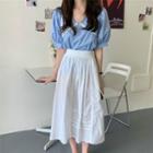 Contrast Trim Short-sleeve Blouse / Lace Trim Midi A-line Skirt