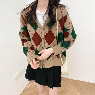 V-neck Plaid Color-block Oversize Cardigan