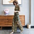Set: Printed Tie-waist Top + Wide-leg Pants