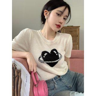 Short-sleeve Heart Print Knit Top Off-white - One Size