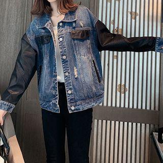 Faux Leather Paneled Buttoned Denim Jacket