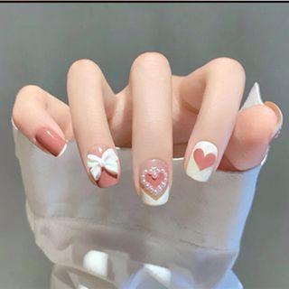 Bow Heart Faux Nail Tips X50 - Dark Pink & White - One Size