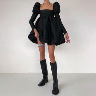 Plain Puff Sleeve Open-back Mini Dress