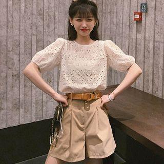 Set: Puff-sleeve Eyelet Lace Top + Wide-leg Shorts