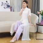 Set: Short-sleeve Slit Tunic + Wide Leg Pants