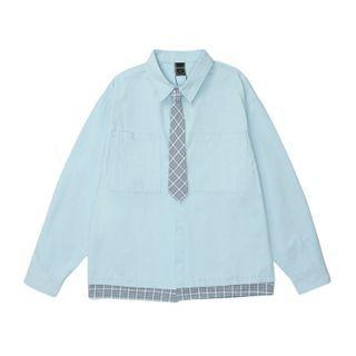 Long-sleeve Plaid Panel Shirt With Necktie