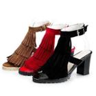 Faux-suede Fringe Chunky-heel Sandals