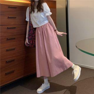 Plain Puff-sleeve Top / High-waist Wide-leg Pants