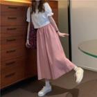 Plain Puff-sleeve Top / High-waist Wide-leg Pants