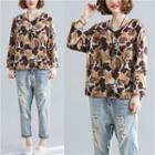 Leaf Print Long-sleeve Linen T-shirt Brown - One Size