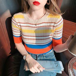 Short-sleeve Striped Ribbed Knit Top Stripe - Almond & Blue & Orange - One Size