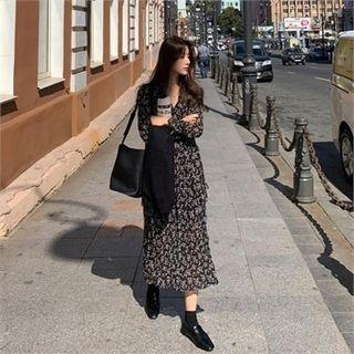 Wrap-front Floral Print Long Dress Black - One Size