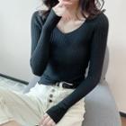 V-neck Ribbed Knit Sweater Blue - One Size