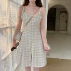 Lace Long-sleeve Sheer Top / Plaid Sleeveless Dress