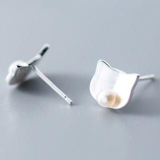 925 Sterling Silver Cat Faux Pearl Ear Stud