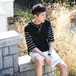 3/4-sleeve Striped Panel T-shirt