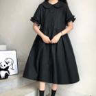 Short-sleeve Ruffle Trim Midi A-line Dress Black - One Size