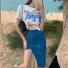 Short-sleeve Lettering T-shirt / Asymmetrical Pencil Skirt