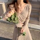 Long-sleeve Tie-waist Pleated Knit Dress
