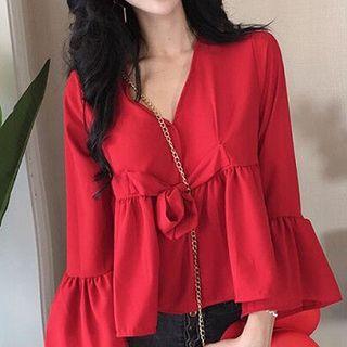 Plain Lace-up V-neck Chiffon Flare-sleeve Top