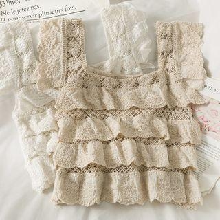 Layered Ruffle-trim Jacquard Crop Tank Top
