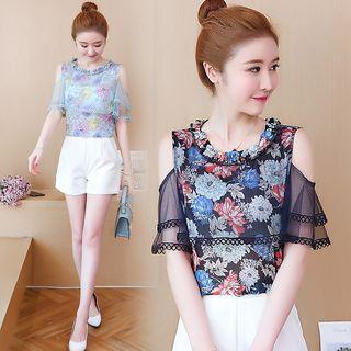 Cold Shoulder Floral Chiffon Blouse