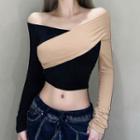 Long-sleeve Off-shoulder Two-tone Cropped T-shirt