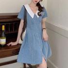 Short-sleeve Contrast Collar A-line Denim Shirtdress