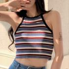 Cropped Striped Knit Tank Top Stripes - Blue & White & Wine Red - One Size