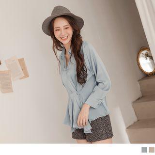 Long Sleeve V-neck Pleated Shirt