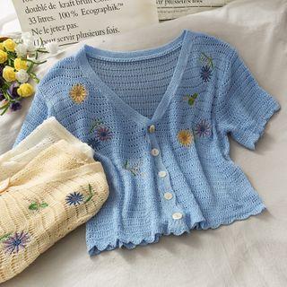 Daisy-embroidered Open-knit Crop Top