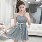 V-neck Tie Waist Spaghetti Strap A-line Dress