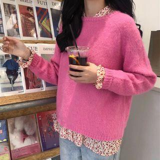 Plain Sweater / Floral Print Chiffon Blouse