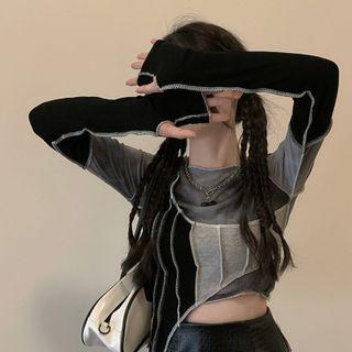 Long-sleeve Color Block Crop Top Gray & Black - One Size