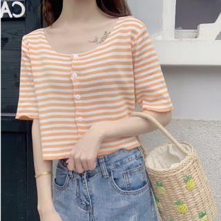 Striped Short-sleeve Knit Cropped Cardigan