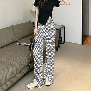 Lettering Front-slit Wide Leg Pants