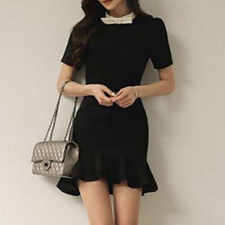 Short-sleeve Bow-accent Ruffled Dress