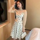 Lantern-sleeve Mesh Top / Dotted Spaghetti Strap A-line Dress